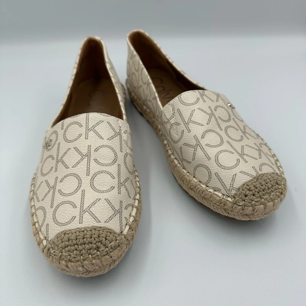 Calvin Klein Monogram Espadrilles Women US 6.5 Cream Slip-On Flats